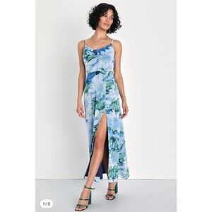 Lulu's Flowery Passion Blue Floral Print Cowl Neck Midi‎ High Slit Dress